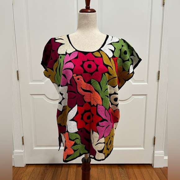 Jalapa Black Top with Blue Embroidery